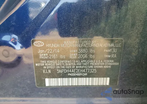 2014 Hyundai Elantra Se z USA, uszkodzony, nr VIN 5NPDH4AE2EH477325